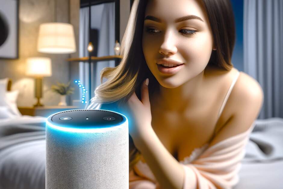 Vista en detalle de dispositivo Amazon Alexa con luces al fondo